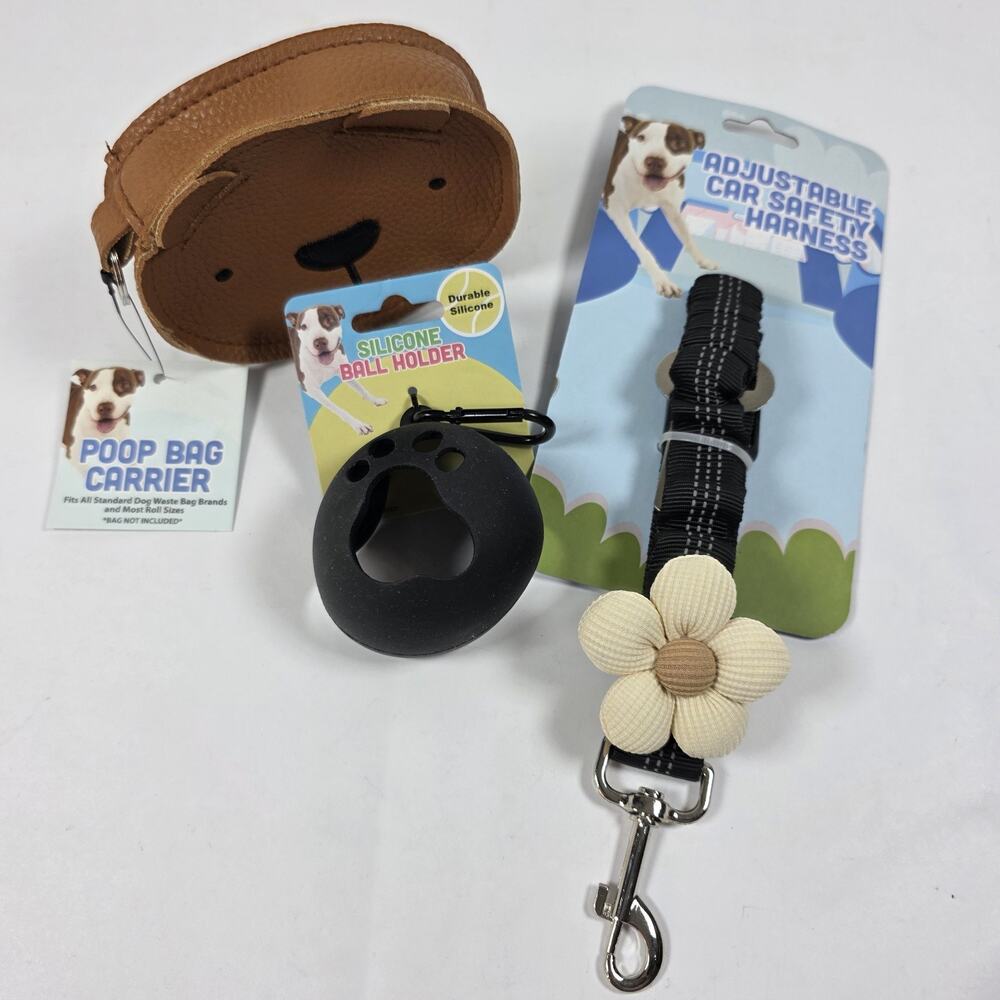 Set Of 3 Dog Accessories Poop Bag carrier, Ball Holder, Car Safety Harness - NEW